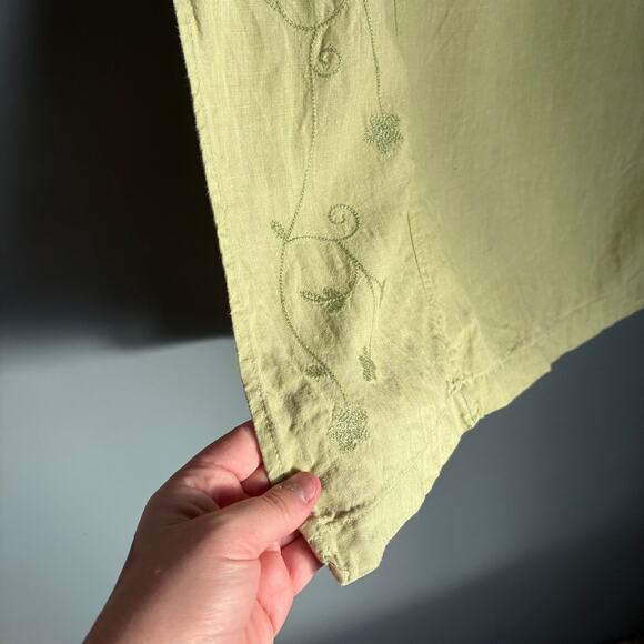 LINDEN HILL Women's 14 Green Linen Midi Skirt Embroidered 90's Side Slit Summer - Picture 4 of 7